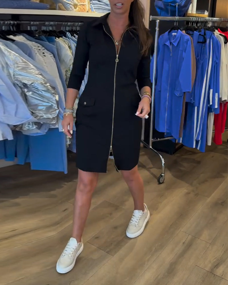 Lapel Solid Color Zipper Long Sleeve Dress