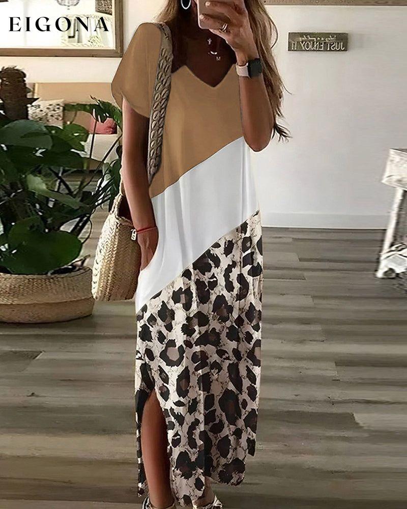 Leopard print colorblock dress Khaki 23BF Casual Dresses Clothes Dresses Spring Summer