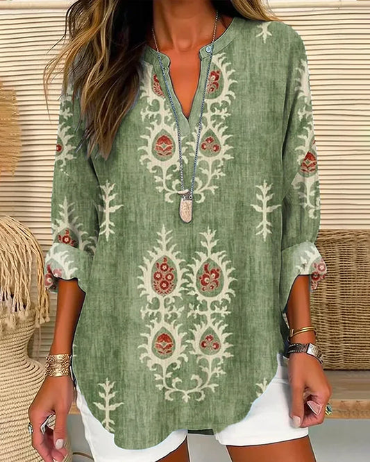 Retro printed V-neck long sleeve button blouse blouses & shirts spring summer