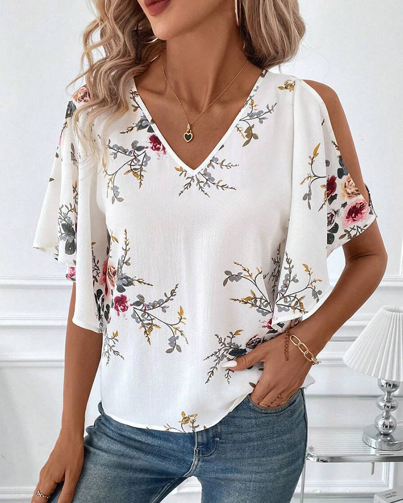 V-Neck Off-Shoulder Printed Blouse