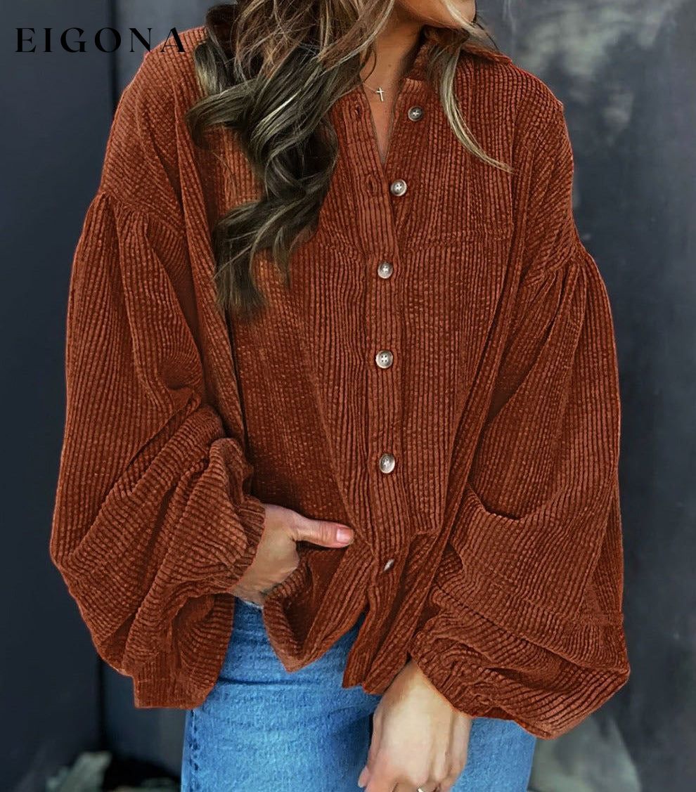 Coffee Textured Corduroy Puff Sleeve Shacket clothes Fabric Corduroy Hot picks Occasion Daily Print Solid Color Season Fall & Autumn Style Western