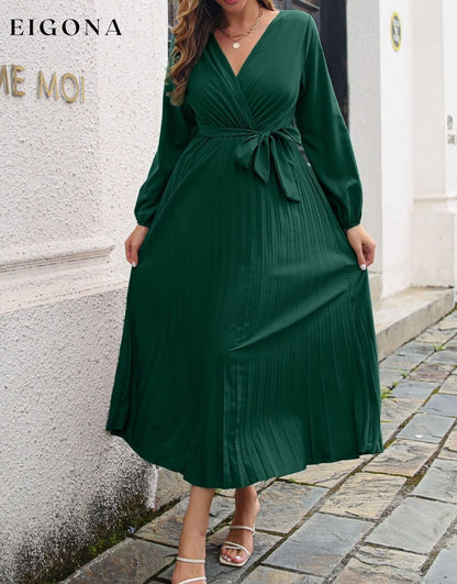 Pleated Long Sleeve Surplice Maxi Midi Dress Green B.J.S casual dress casual dresses clothes dress dresses long sleeve dress long sleeve dresses midi dress midi dresses Ship From Overseas