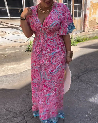 V-Neck Printed Waist Dress