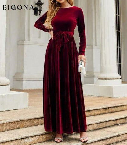 Tie Front Round Neck Long Sleeve Maxi Dress A@Y@Y clothes Ship From Overseas