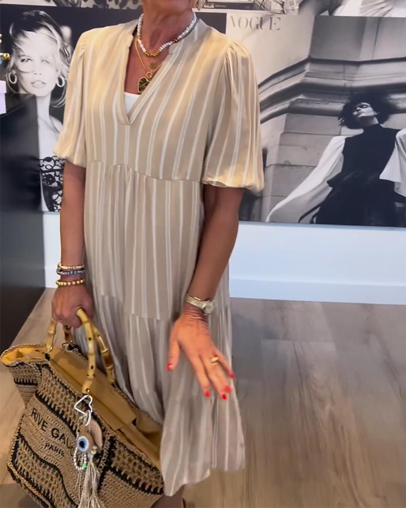 V-Neck Pleated Striped Dress