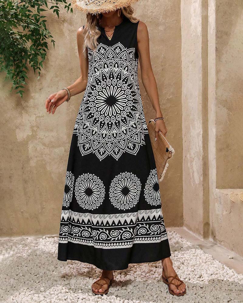 Retro print pocket sleeveless maxi dress casual dresses summer vacation dresses