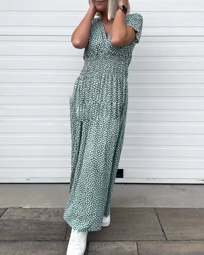 V-Neck Printed Waist Short-Sleeved Dress