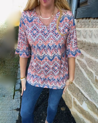 Trumpet Sleeve V-Neck Casual Blouse