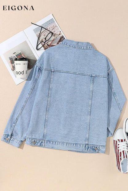 Pocketed Geometric Collared Neck Denim Jacket clothes Ship From Overseas SYNZ