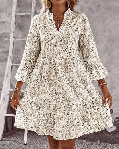 Stand-Collar Floral Print A-Line Dress