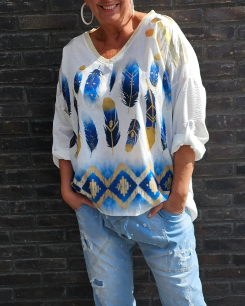 Feather print V-neck three-quarter sleeves blouse 202466 blouses & shirts spring summer