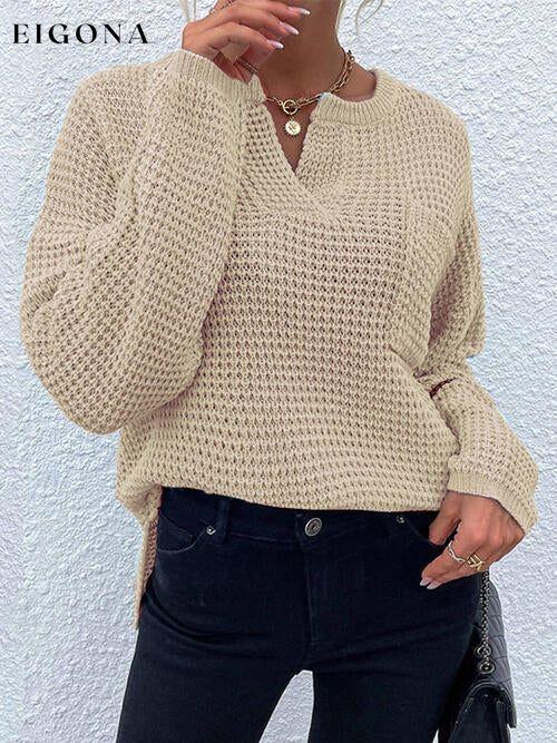 Notched Long Sleeve Sweater Tan clothes long sleeve shirts Ship From Overseas shirts top tops X.W