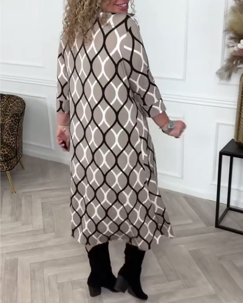 Lapel Buttoned Geometric Print Dress
