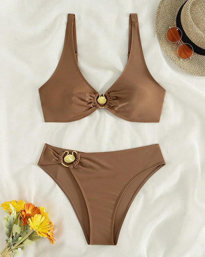 Sexy Solid Color Metal Button Bikini