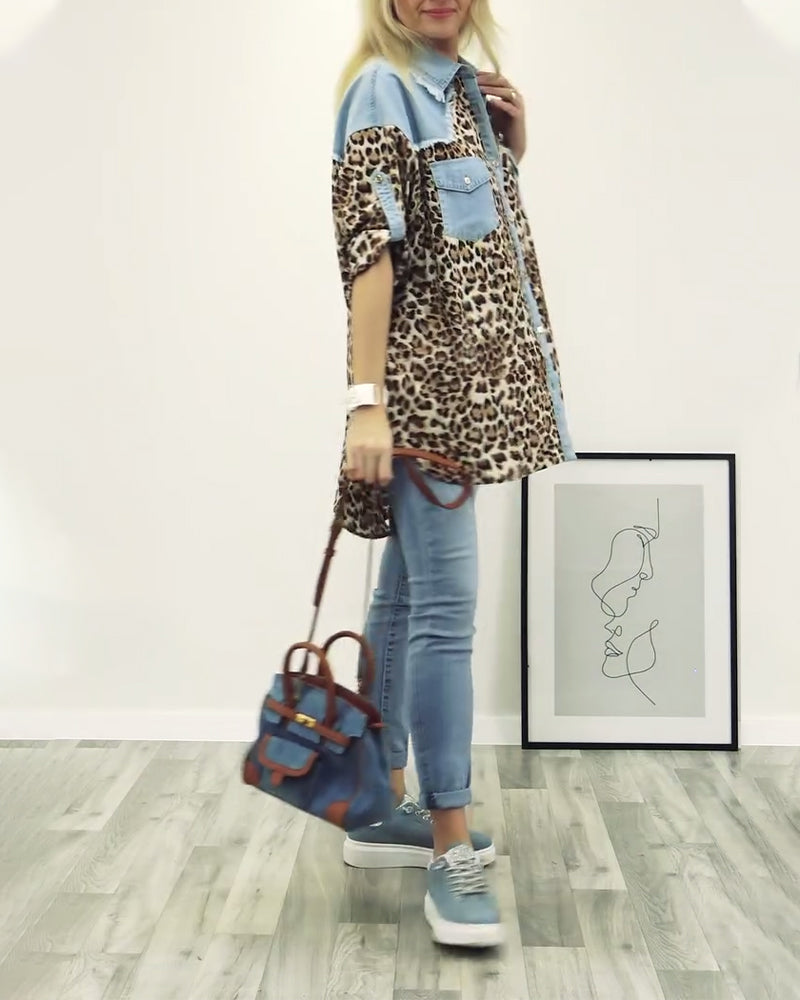 Casual leopard print denim patchwork shirt 2024 f/w blouses & shirts spring