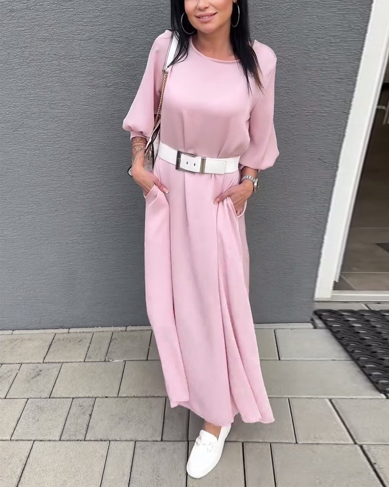 Solid Color Lantern Sleeve Dress