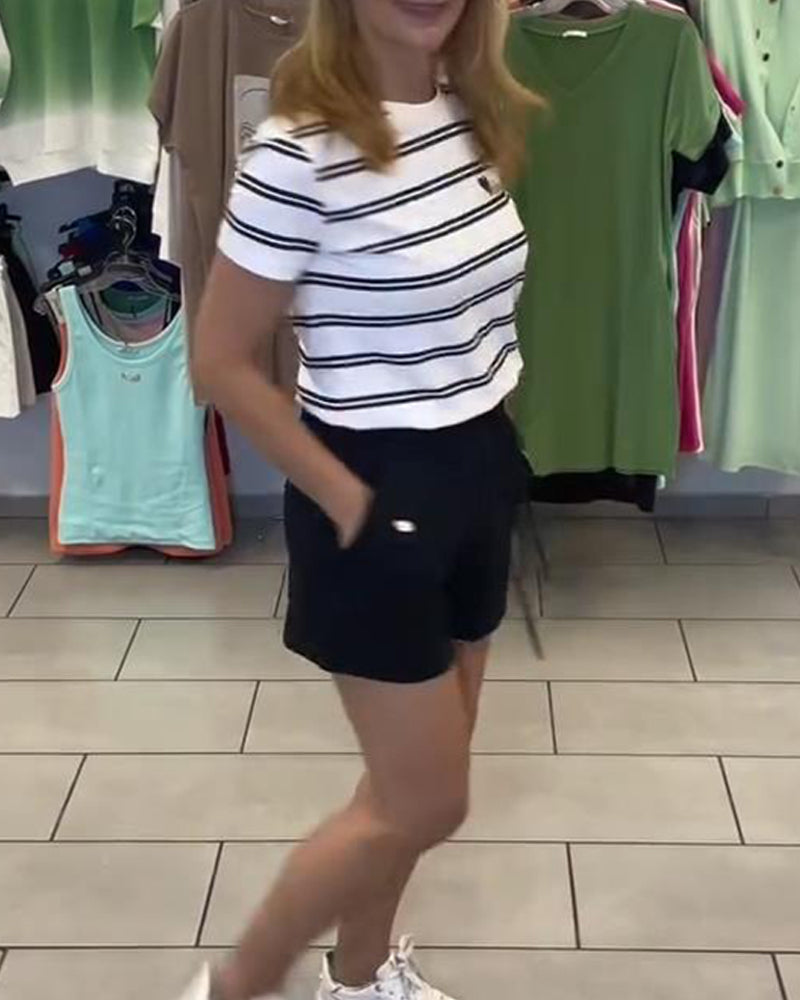Casual Short-Sleeved Striped Shorts Set