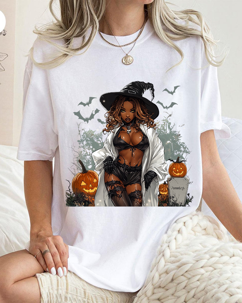 Halloween witch pumpkin print round neck short sleeve T-shirt 2024 f/w halloween spring summer t-shirts