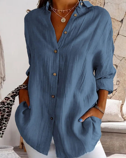 Casual solid color V-neck buttoned long-sleeve shirt 2024 f/w blouses & shirts spring