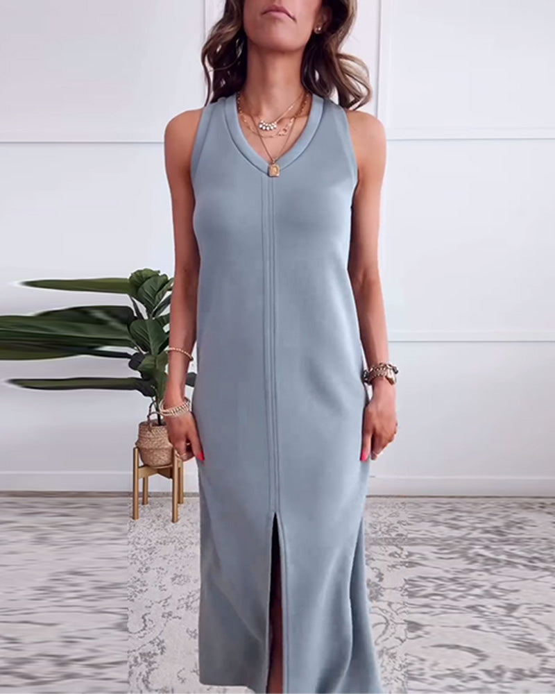 V-Neck Sleeveless Fitted Dress