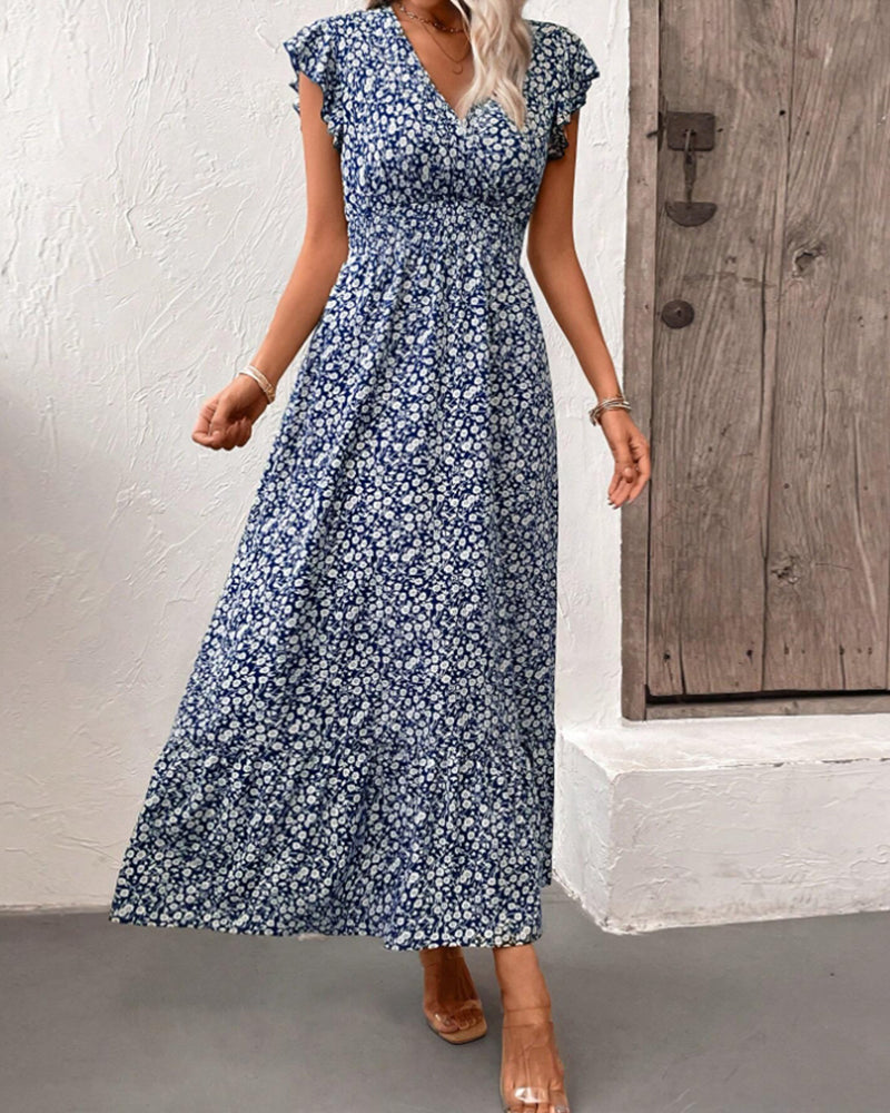 Floral print V-neck ruffled waist maxi dress casual dresses summer vacation dresses