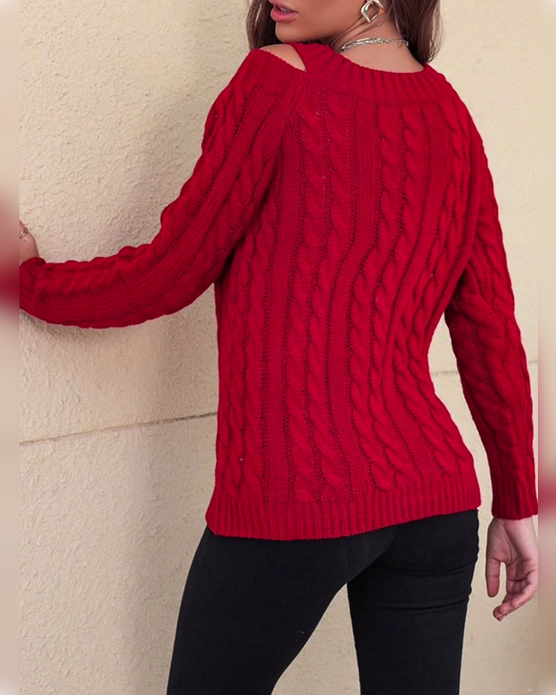 Solid Color V-Neck Cable Knit Pullover
