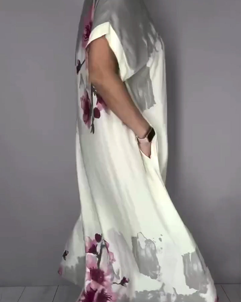 Ink Wash Peach Blossom V-Neck Maxi Dress