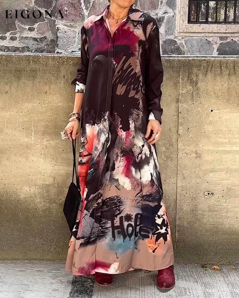 Graffiti print lapel casual long dress casual dresses spring summer