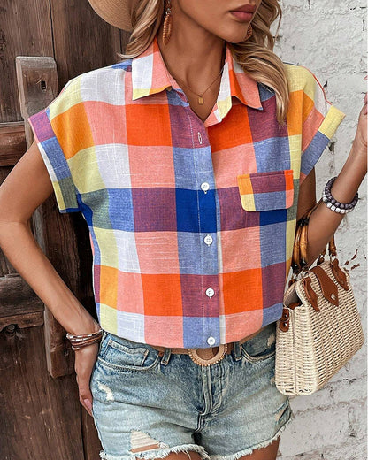 Colorful plaid print casual short-sleeved shirt blouses & shirts summer