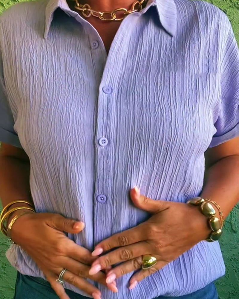 Lapel Pleated Solid Color Short Sleeve Shirt