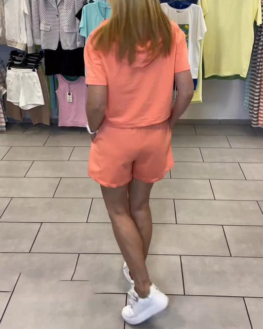 Sports Hooded Solid Color Shorts Set