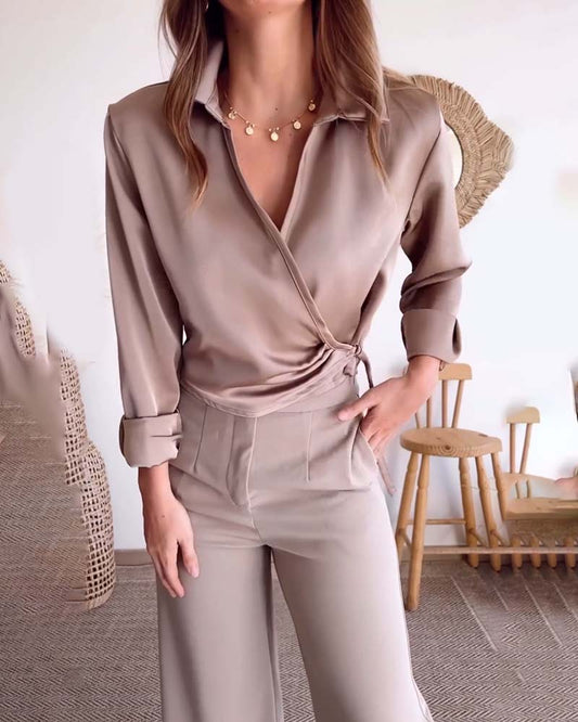 Lapel pleated solid color elegant blouse blouses & shirts spring summer