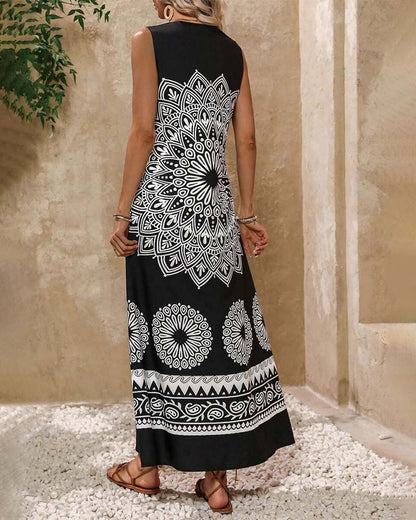 Retro print pocket sleeveless maxi dress casual dresses summer vacation dresses