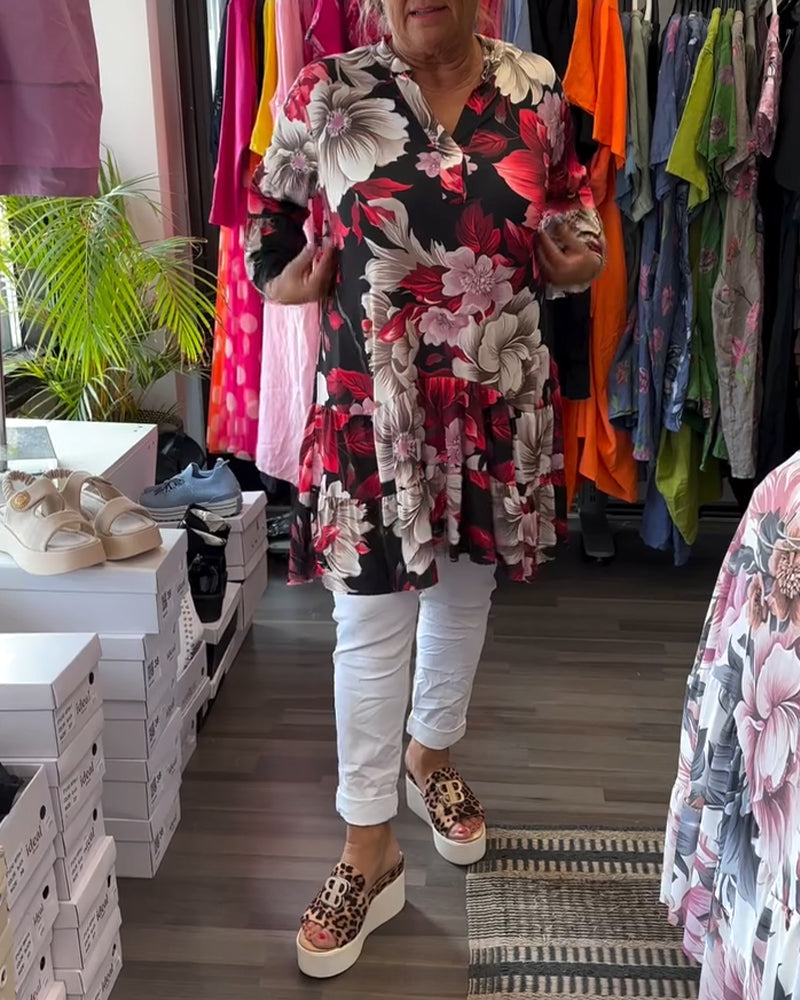 Bell - Sleeve Loose Floral Dress