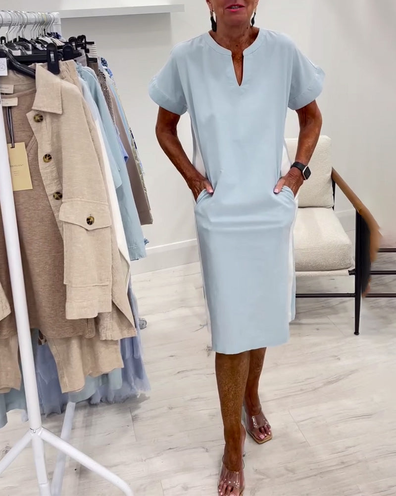Short-Sleeved Contrast Color Straight Dress
