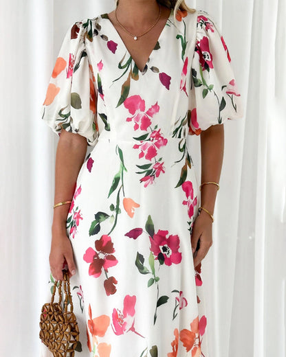 Elegant dress with puff sleeves and floral print casual dresses summer