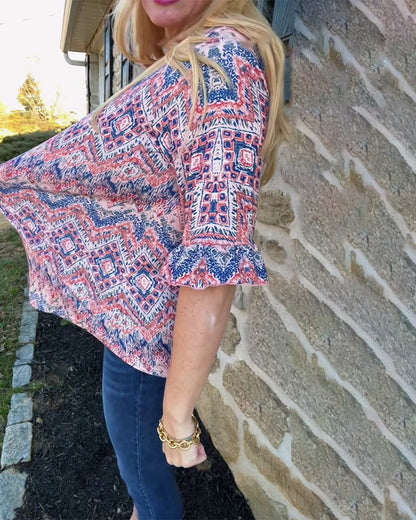 Trumpet Sleeve V-Neck Casual Blouse