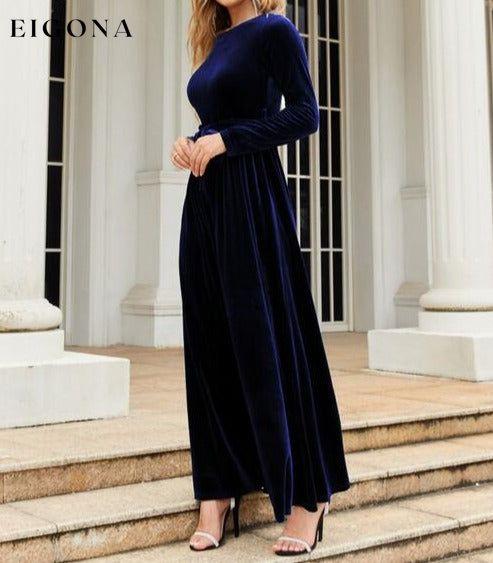 Tie Front Round Neck Long Sleeve Maxi Dress A@Y@Y clothes Ship From Overseas