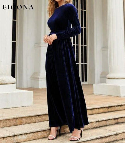 Tie Front Round Neck Long Sleeve Maxi Dress A@Y@Y clothes Ship From Overseas