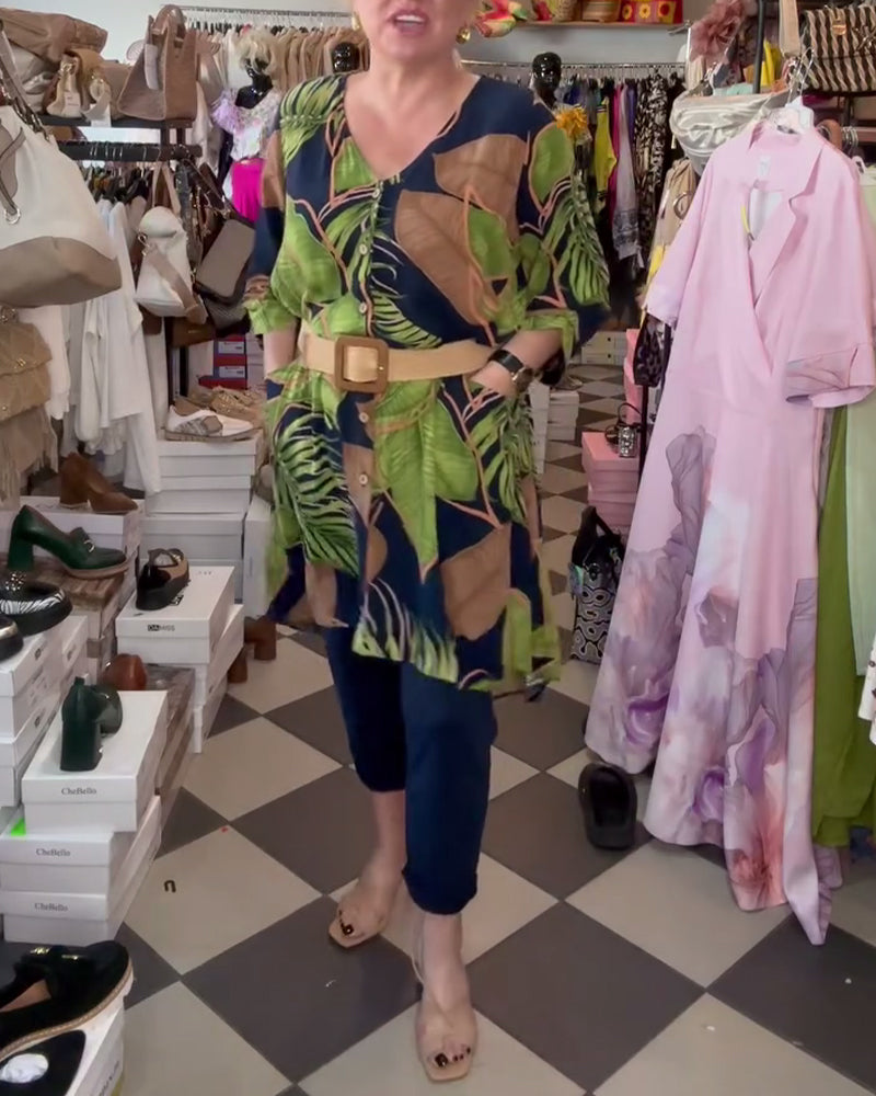 V-Neck Leaf Print Loose Dress