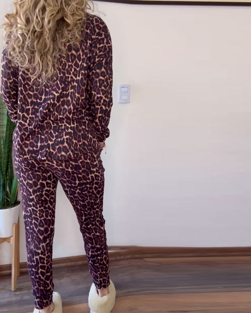 Leopard print round neck casual two-piece suit 2024 f/w two-piece sets