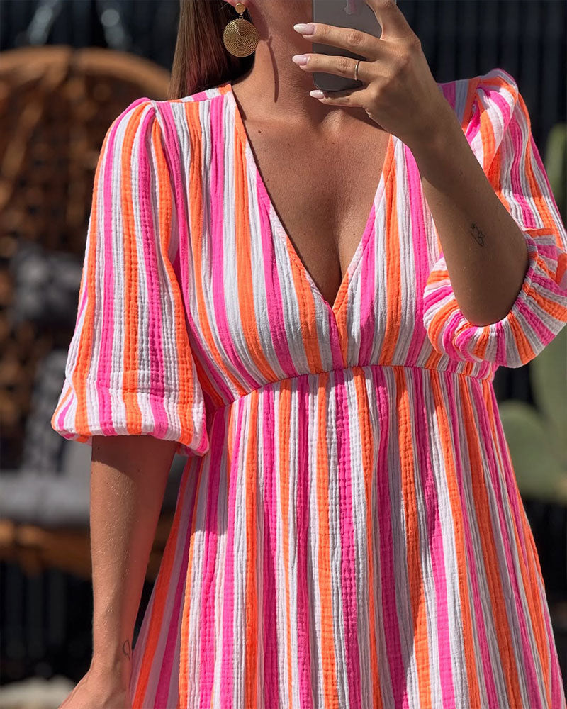 V-Neck Striped A-Line Dress