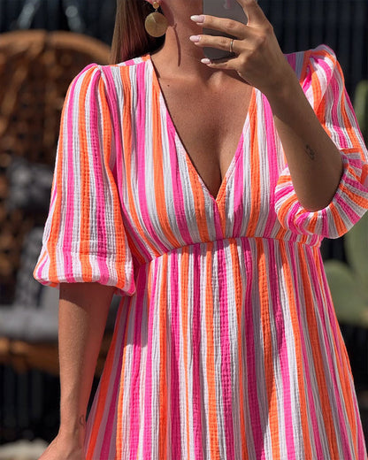 V-Neck Striped A-Line Dress