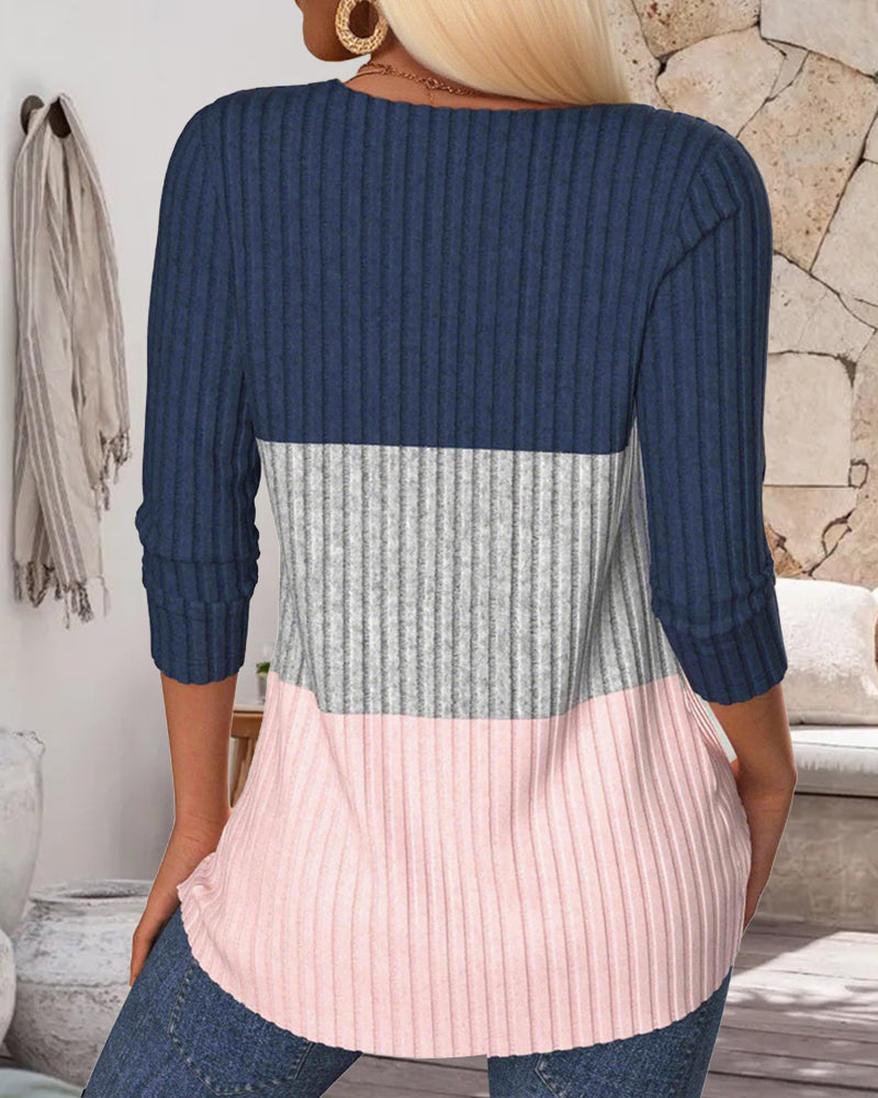 V-Neck Color Block Striped Top