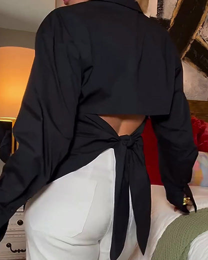 Back-Tie Collared Solid-Color Shirt