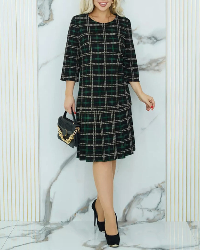 Round neck plaid print button elegant dress 2024 f/w casual dresses