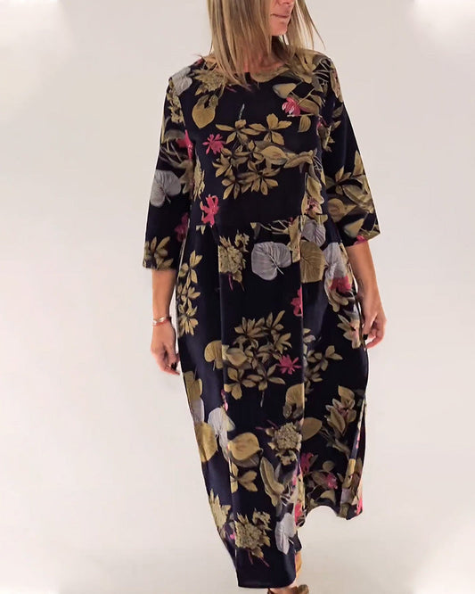 Floral and leaf print round neck elegant dress 2024 f/w casual dresses spring