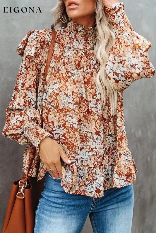 Gold Flame Floral Smocked Sleeve High Neck Ruffled Blouse Gold Flame 100%Polyester All In Stock clothes EDM Monthly Recomend Occasion Daily Print Floral Season Spring Style Elegant