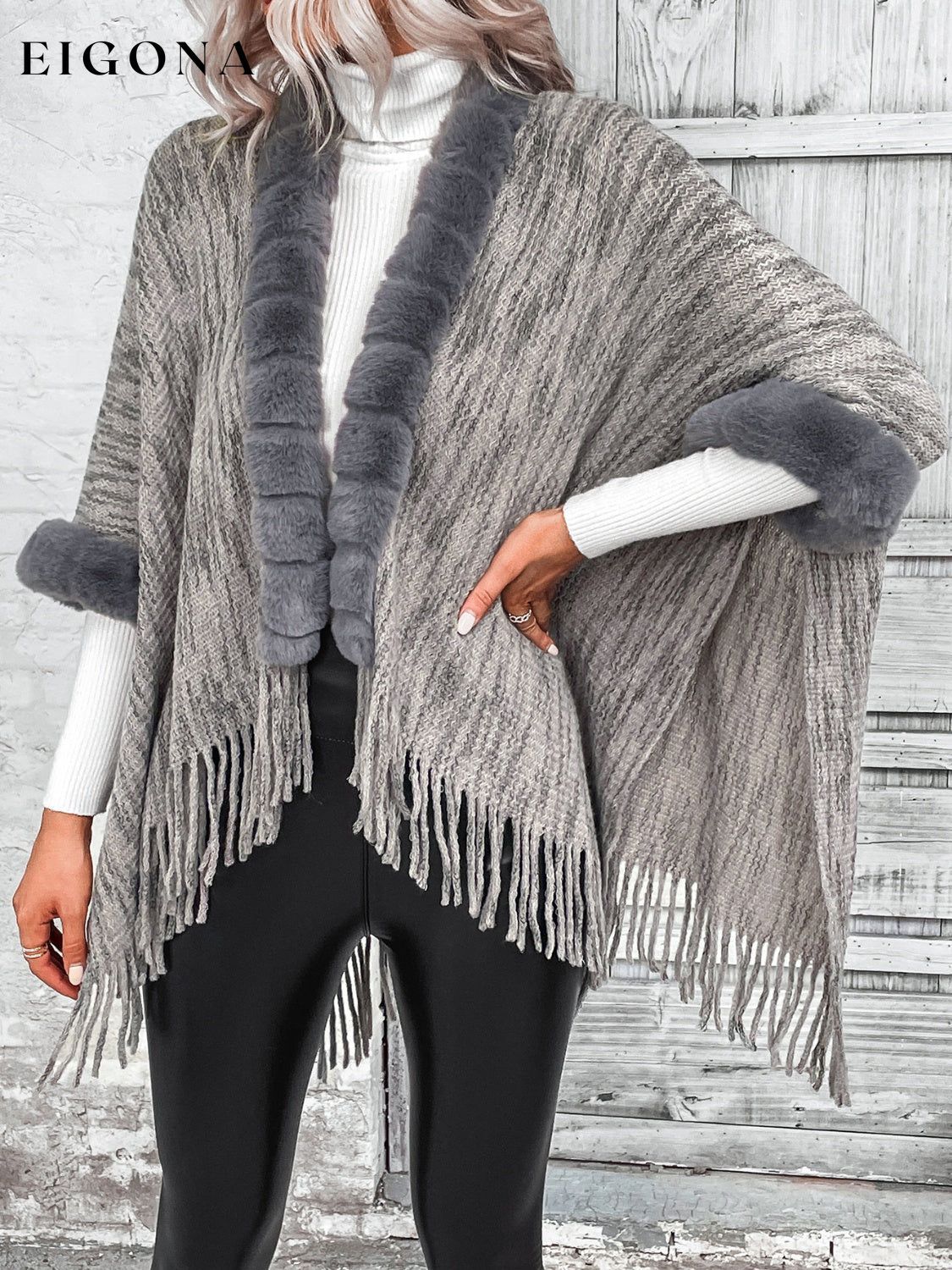 Open Front Fringe Hem Faux Fur Poncho clothes poncho Ship From Overseas Shipping Delay 09/30/2023 - 10/03/2023 Sounded Sweater sweaters