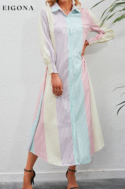 Rainbow Stripe Button-Up Maxi Shirt Dress Stripe casual dress casual dresses clothes dress dresses JR maxi dress maxi dresses Ship From Overseas Shipping Delay 09/29/2023 - 10/01/2023